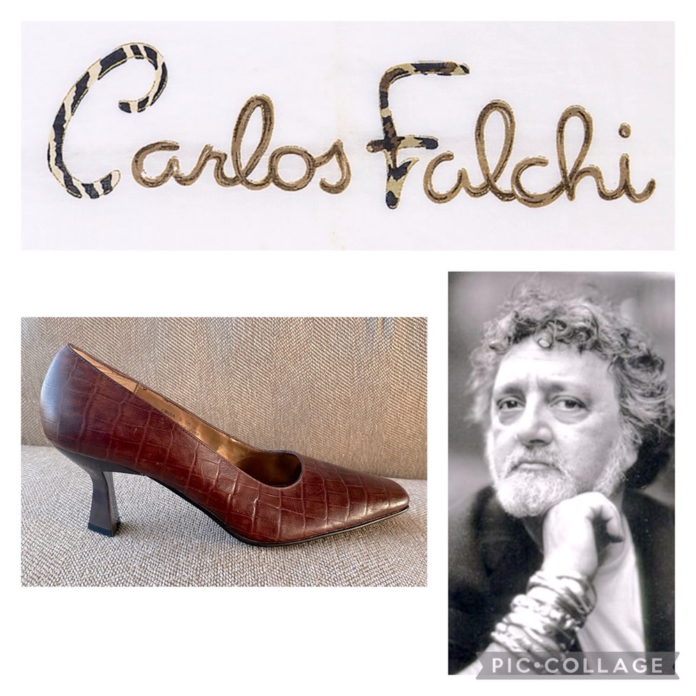Carlos Falchi Croia Croc Texture Mid Geometric Shape Heel. Square Toe. Size 9.5.